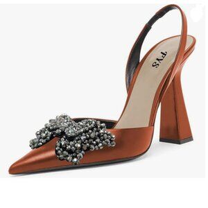 FYS Brown Slip on Pointed Toe Slingback D'Orsay Pumps Butterfly Crystal Sandals